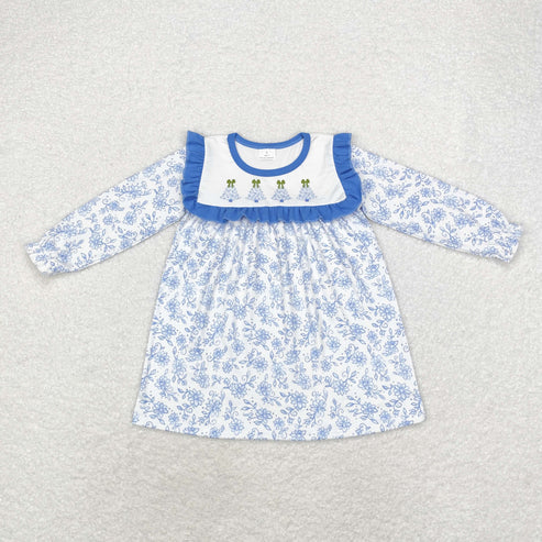 GLD0673 Christmas tree flowers Blue lace white long-sleeved dress