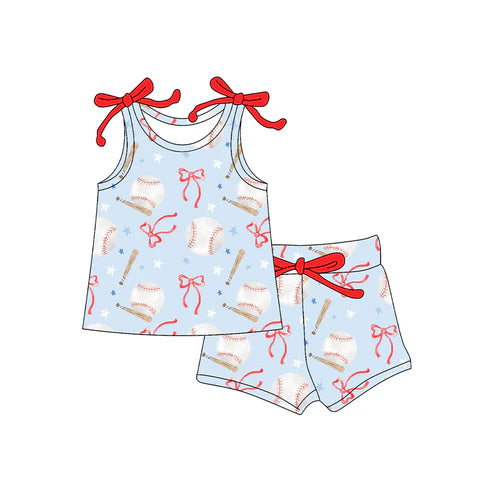 4.24 GSSO2586 Baby Girls Sleeveless Bows Baseballs Top Short Set Preorder