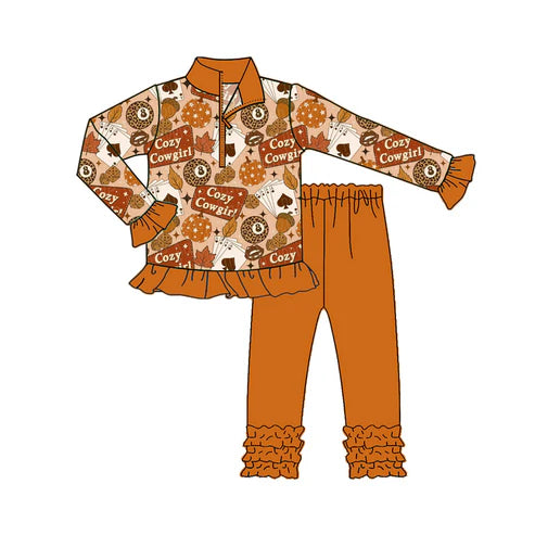 7.28 GLP2610 Baby Girls Long Ruffle Sleeves Cozy Cowgirl Pumpkins Zipper Top Legging Pant Set Preorder