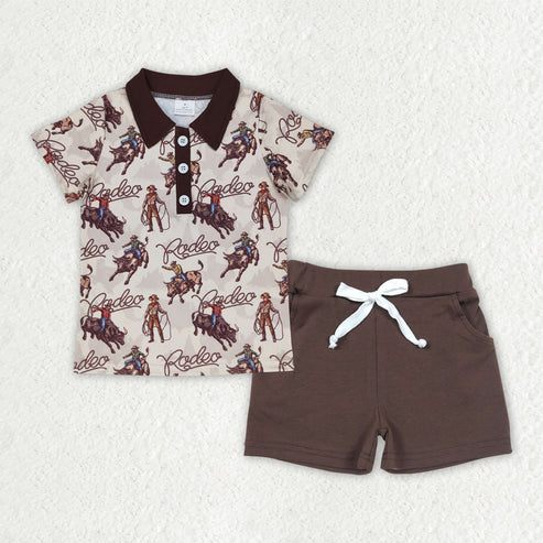 3.29 BT0558+SS0134 Baby Boys Western Rodeo Pullovers Shirt Brown Shorts Outfits Set
