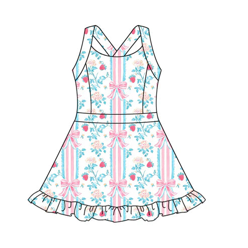 5.10GSD2563 Baby Girls Strap Floral Bows Stripe Activity Wear Yoga Knee Length Dresses Preorder