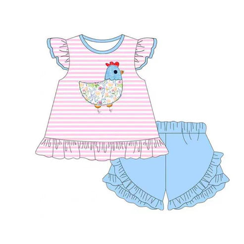 10.30 GSSO2797 Baby Girls Stripe Floral Chick Tunic Ruffle Shorts Farm Clothes Sets Preorder