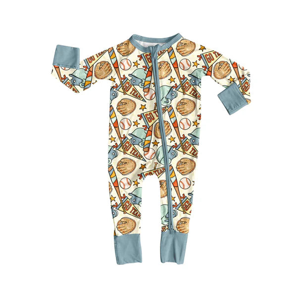 8.28 LR2606 Baby Boys Baseball Stars Go Team Zipper Footie Rompers Preorder