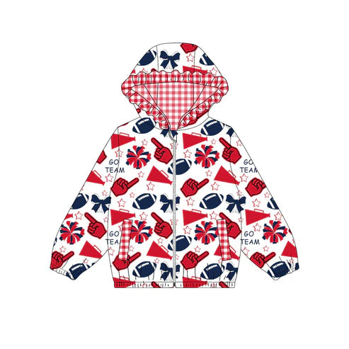 10.15 Custom Moq 8 Baby Girls Red Navy Football Team Zipper Bows Hoodies Tops