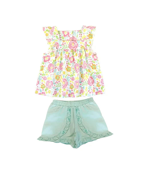 4.18 GSSO2549 Baby Girls Flutter Sleeves Yellow Pink Floral Tunic Aqua Ruffle Short Set Preorder