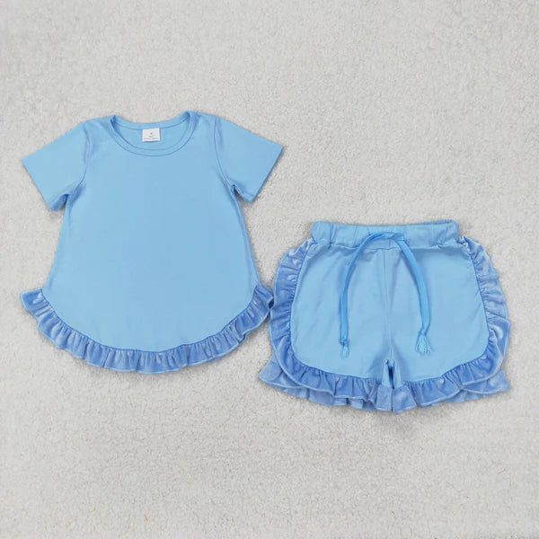 3.26 GSSO2183 Baby Girls Blue Cotton Top Ruffle Shorts Clothes Set
