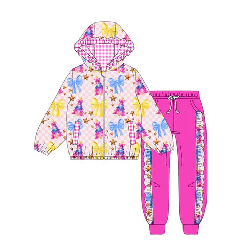 9.9 Custom Moq 5 Baby Girls Pink Checked Pockets Zipper Hoodie Jackets Jogger Christmas Clothes Sets