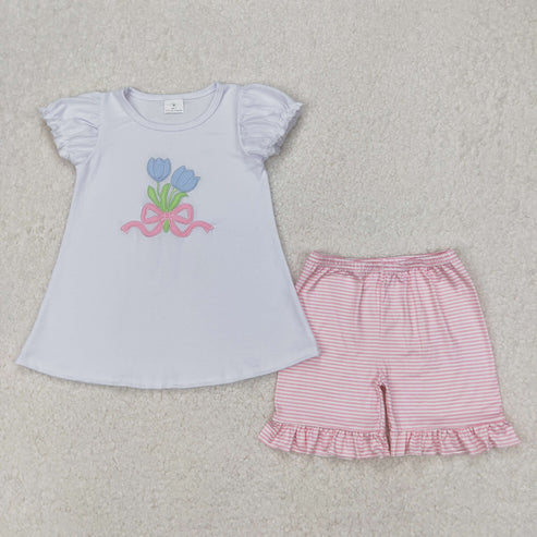 4.2 GSSO2275 Embroidery Baby Girls White Tulip Bow Tops Ruffle Shorts Clothes Set