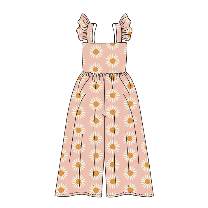 4.18 SR3052 Baby Girls Flutter Sleeves Peach Daisy Flowers Bell Jumpsuits Preorder