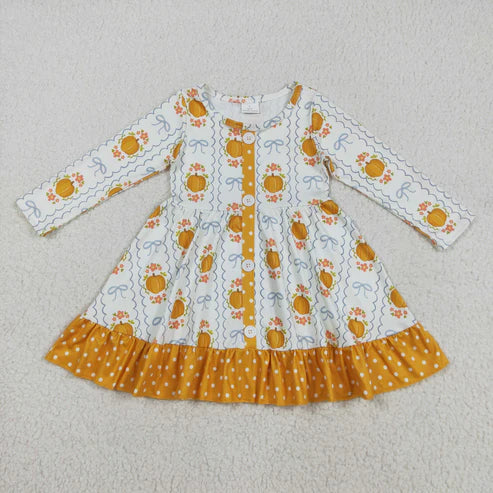 8.12 GLD1111 Baby Girls Long Sleeves Pumpkins Bows Plaid Button Ruffle Knee Length Dress