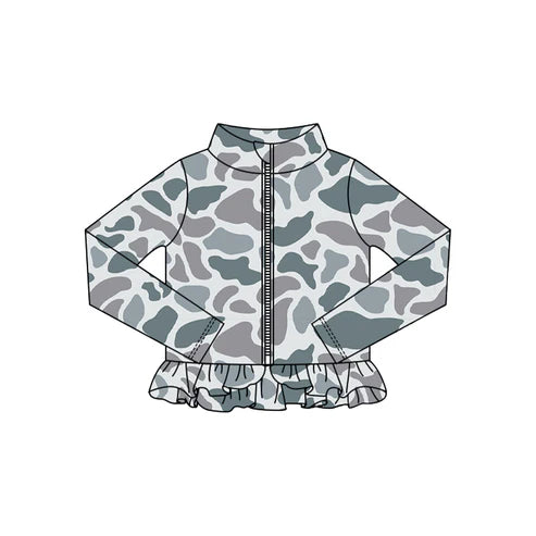 10.24 GT1316 Baby Girls Grey Camo Ruffle Yoga Zipper Jackets Top Preorder