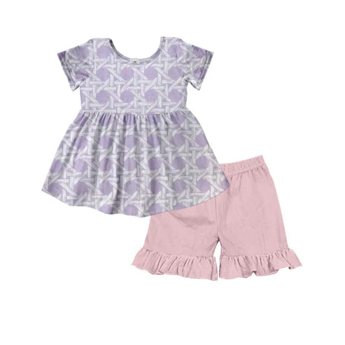 4.16 GSSO2529 Baby Girls Lavender Short Sleeves Plaid Tunic Pink Ruffle Short Set Preorder