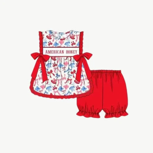 4.16 GSSO2538 Baby Girls American Honey Red Blue Bows Tunic Ruffle Short 4th Of July Set Preorder