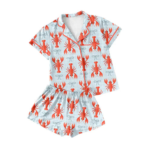 10.20 GSSO2720 Adult Women Bows Crayfishes Checked Button Top Shorts Pajamas Set Preorder