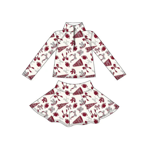 9.8 Custom Moq 5 Baby Girls Wine Go Fight With Team Zip Pullover Skorts Yoga Clothes Sets
