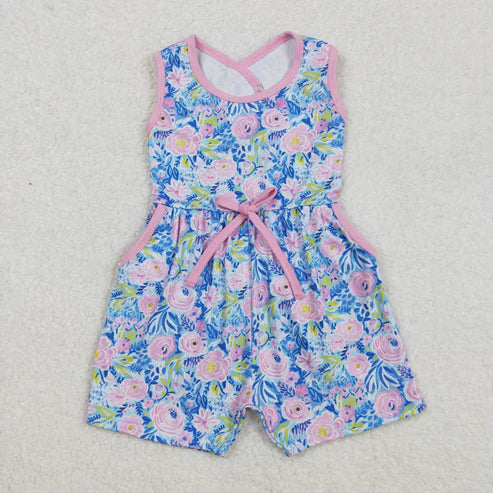 SR2521 Baby Girls Blue Pink Flowers Sleeveless Bows Shorts Jumpsuit
