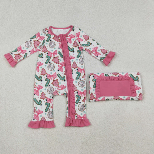 10.18 LR2486 Baby Girls Long Sleeves Christmas Trees Candy Cane Ruffle Zipper Romper