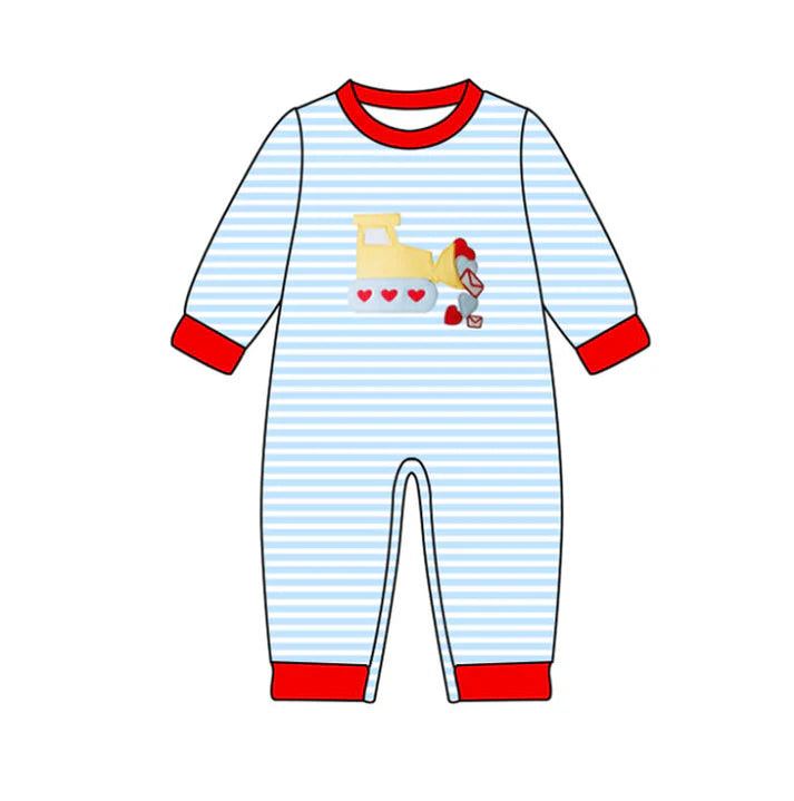 9.27 LR2708 Baby Boys Hearts Excavator Blue Stripe Valentine Footie Rompers Preorder