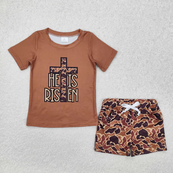 BSSO1162 Baby Boys He Is Risen Cross Camo Shirt Shorts Clothes Set