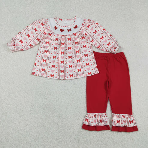 12.19 GLP2888 Embroidery Baby Girls Red Bows Hearts Stripe Tunic Ruffle Pants Valentine Clothes Set