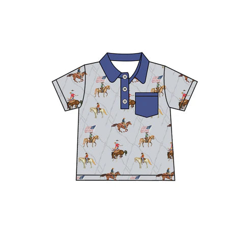 4.19 BT1227 Baby Boys Hot Blue Button Horse Rodeos Flags 4th Of July Polo Shirts Top Preorder