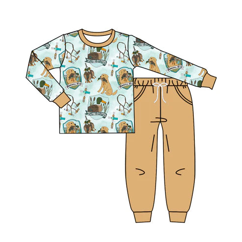 7.30 BLP1177 Baby Boys Long Sleeves Dogs Ducks Plaid Top Pockets Pant Set Preorder