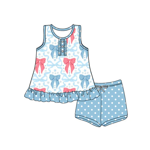 3.29 GSSO2454 Baby Girls Blue Sleeveless Button Bows Stars Tunic Polka Dots Short Set Preorder