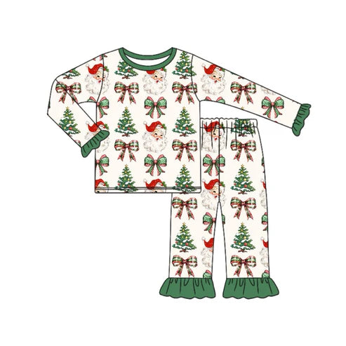 5.26 GLP1960 Baby Girls Christmas Green Sants Bows Top Pants Pajamas Outfits Sets Preorder