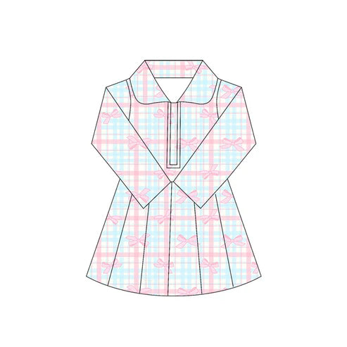 6.5 GLD1106 Baby Girls Long Sleeves Pink Bows Plaid Zipper Knee Length Dresses Preorder