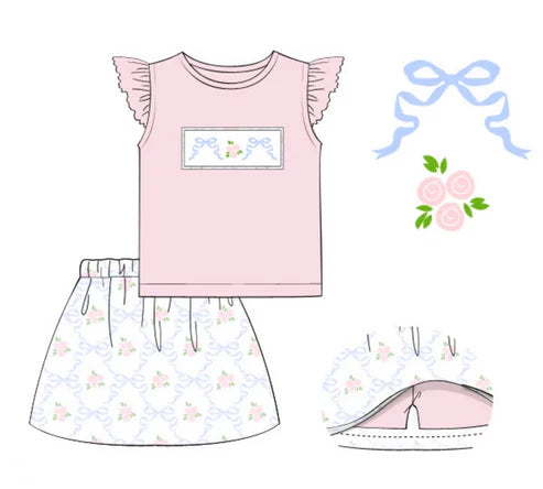 4.1 GSD2298 Baby Girls Green Pink Flutter Sleeves Bows Floral Top Skort Set Preorder