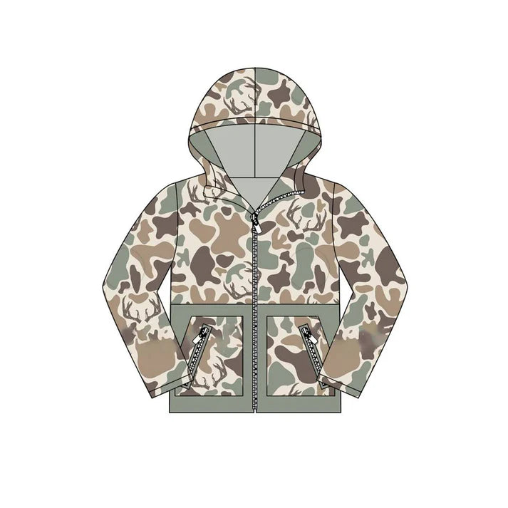 8.23 BT1335 Baby Bows Brown Deer Camo Pocket Zipper Western Hoodies Top Preorder