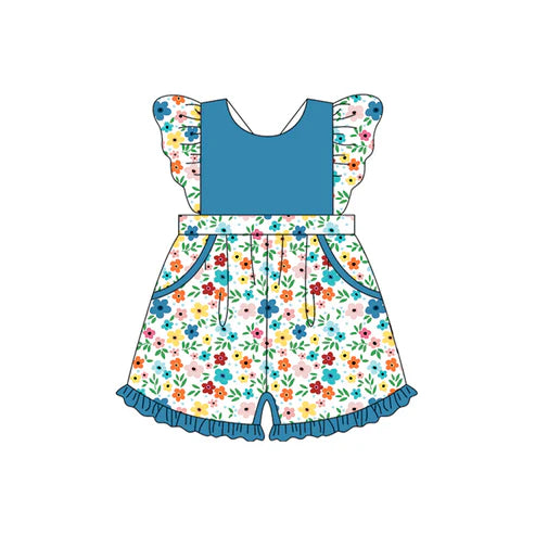4.3 SR3010 Baby Girls Flutter Sleeves Blue Flowers Pockets Jumpsuits Preorder