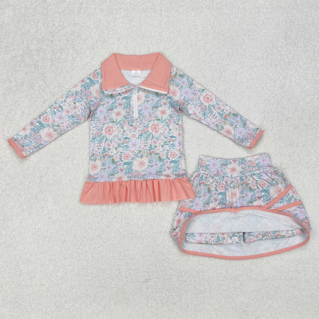 3.19 GLD1010 Baby Girls Pink Flowers Zip Top Skirt Ruffle Skort Bottoms Set