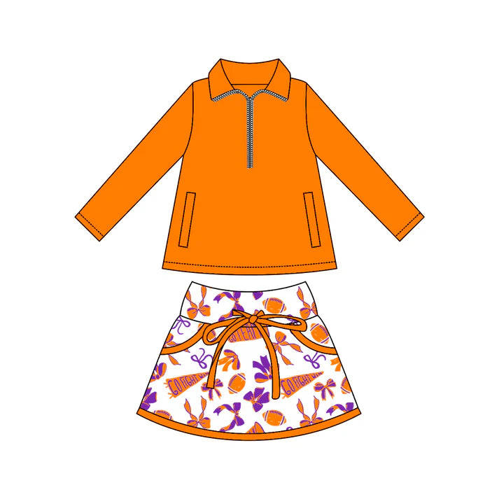 9.27 GLD1338 Baby Girls Orange Zipper Pullovers Pockets Team Skorts Yoga Clothes Set Preorder