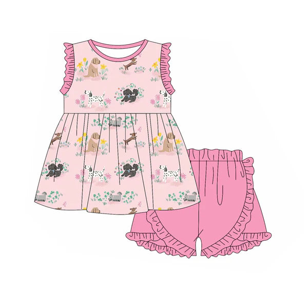 L-3.6 GSSO2147 Baby Girls Pink Animal Dogs Top Ruffle Shorts Clothes Sets Preorder
