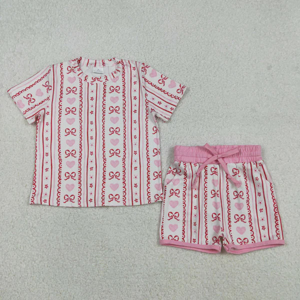12.13 GSSO2738 Baby Girls Pink Bows Hearts Stripe Top Pockets Shorts Valentines Clothes Set
