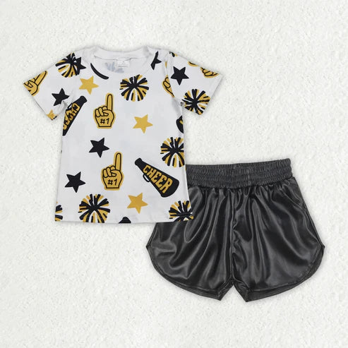 6.23 Sibling Baby Girls Cheer Team Shirts Top Leather Shorts Summer Clothes Sets