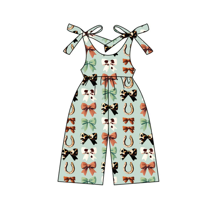 6.14 SR3119 Baby Girls Green Strap Bows Horse Shoes Pant Jumpsuits Preorder