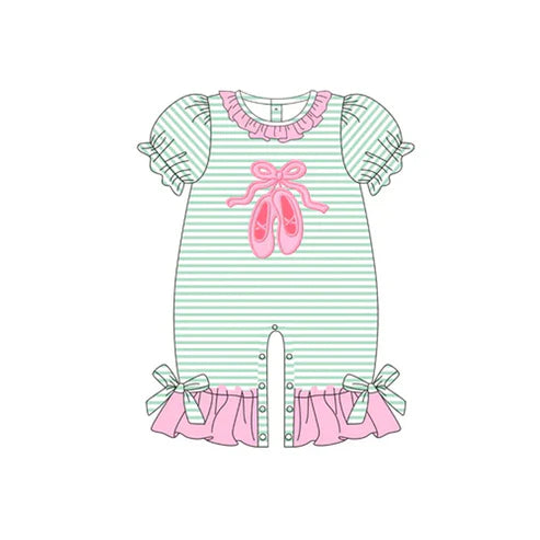 6.6 SR3139 Baby Girls Aqua Stripe Short Ruffle Sleeves Bow Shoes Ruffle Pant Rompers Preorder