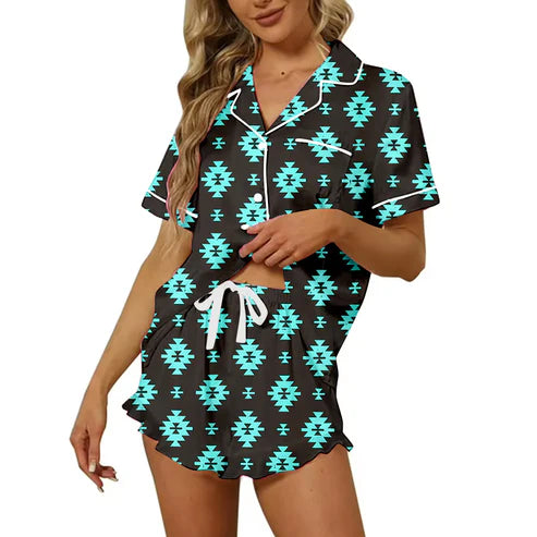 5.16 Preorder Moq 3 Adult Women Western Aztec Button Pocket Top Short Pajamas