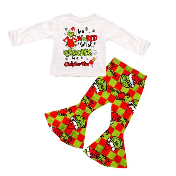 5.28 GLP2017 Baby Girls Christmas Green Frog Shirt Checkered Bell Pants Clothes Sets Preorder