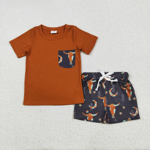 6.9 BSSO0758 Baby Boys Brown Shirt Top Cow Stars Western Shorts Clothes Set