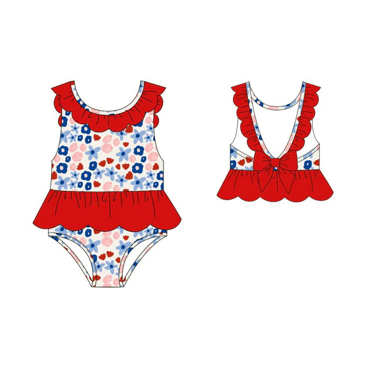 12.1 MOQ:5pcs S0647 pre-order baby girl clothes floral print girl 4th of July summer swimsuit beach wear