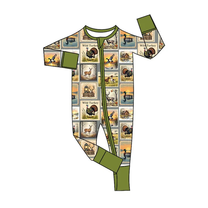 8.23 LR2583 Baby Boys Ducks Deer Turkey Plaid Hunting Zipper Footie Rompers Preorder