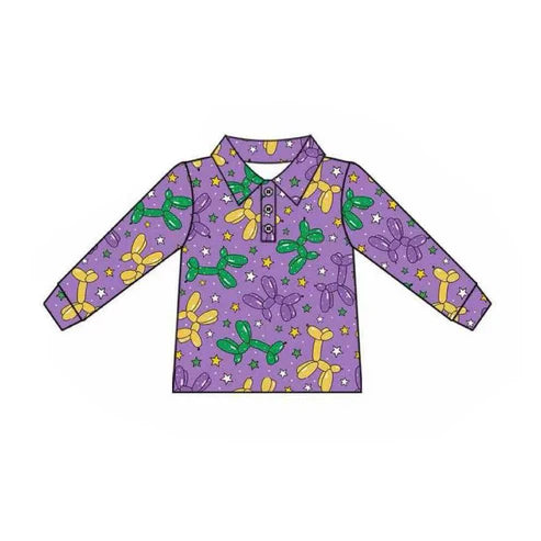 10.1 BT1387 Baby Boys Purple Long Sleeve Stars Dogs Mardigras Polo Shirts Top Preorder