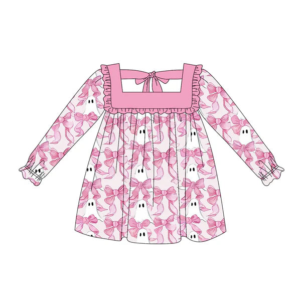 5.19 GLD1059 Baby Girls Long Ruffle Sleeves Pink Bows Ghosts Knee Length Dresses