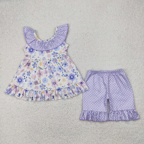 4.14 GSSO2306 Baby Girls Light Blue Flowers Tunic Ruffle Shorts Clothes Set