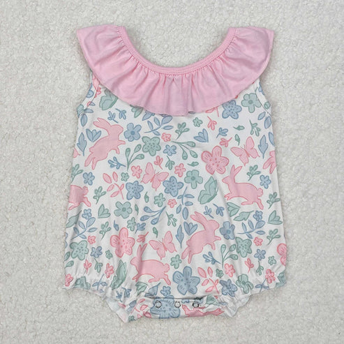 Sibling Baby Girls Pink Easter Rabbits Rompers Outfits Sets