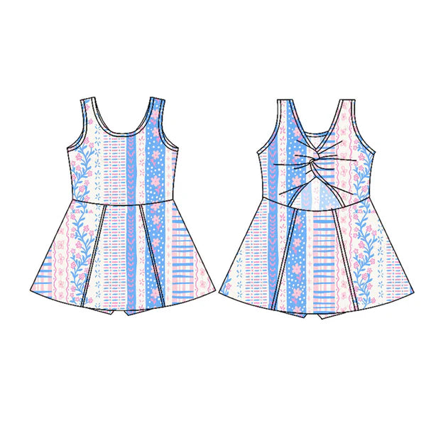 L-3.5 GSD1996 Baby Girls Blue Flowers Sleeveless Athletic Dresses Preorder