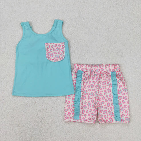 3.21 GSSO1784 Baby Girls Green Pocket Bow Vest Ruffle Shorts Clothes Set